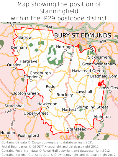 Map showing location of Stanningfield within IP29