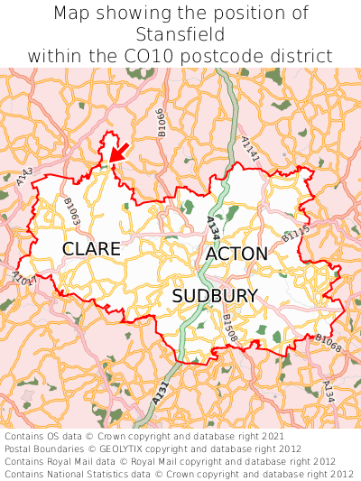 Map showing location of Stansfield within CO10