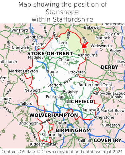 Map showing location of Stanshope within Staffordshire