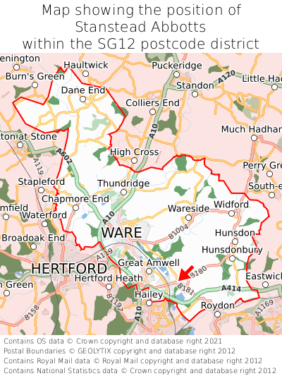 Map showing location of Stanstead Abbotts within SG12