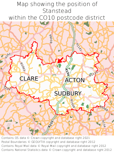 Map showing location of Stanstead within CO10