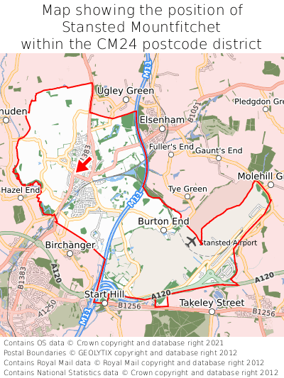 Map showing location of Stansted Mountfitchet within CM24