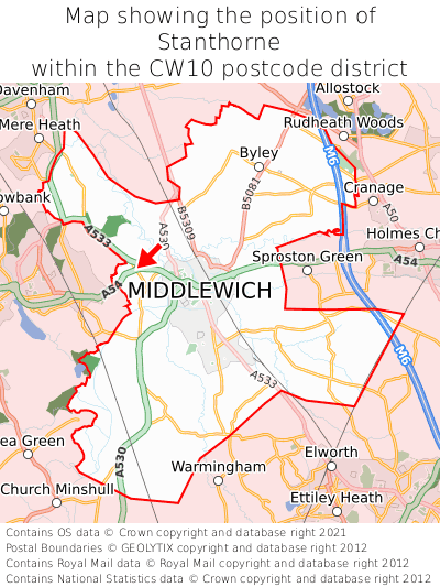 Map showing location of Stanthorne within CW10
