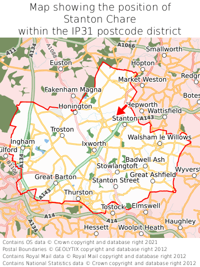 Map showing location of Stanton Chare within IP31