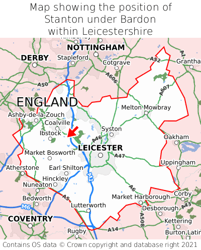 Map showing location of Stanton under Bardon within Leicestershire