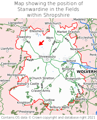 Map showing location of Stanwardine in the Fields within Shropshire