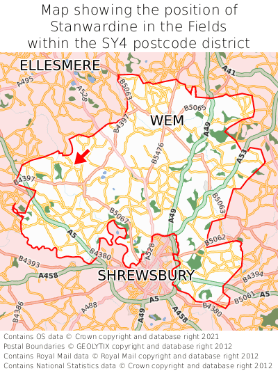 Map showing location of Stanwardine in the Fields within SY4