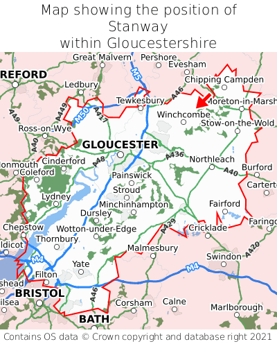 Map showing location of Stanway within Gloucestershire