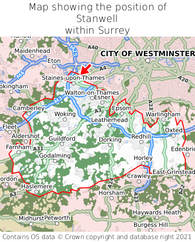Map showing location of Stanwell within Surrey