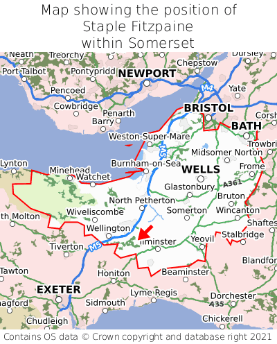 Map showing location of Staple Fitzpaine within Somerset