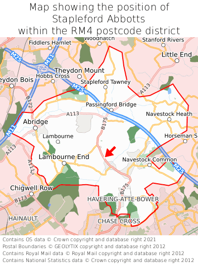 Map showing location of Stapleford Abbotts within RM4