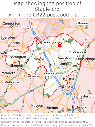 Map showing location of Stapleford within CB22