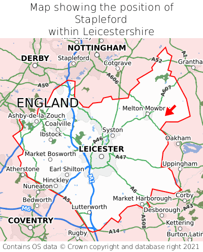 Map showing location of Stapleford within Leicestershire