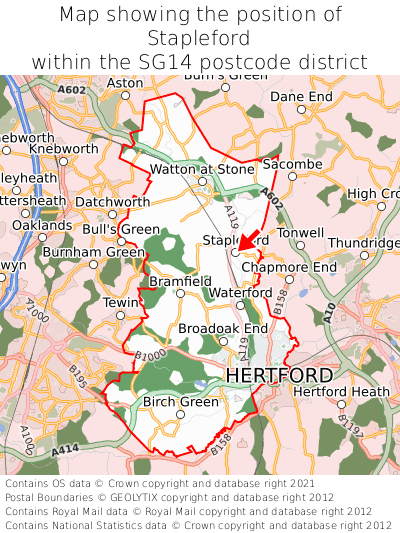 Map showing location of Stapleford within SG14