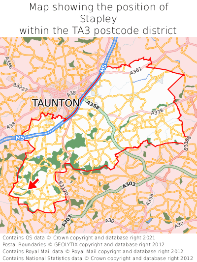 Map showing location of Stapley within TA3