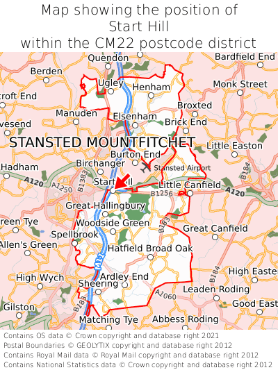 Map showing location of Start Hill within CM22