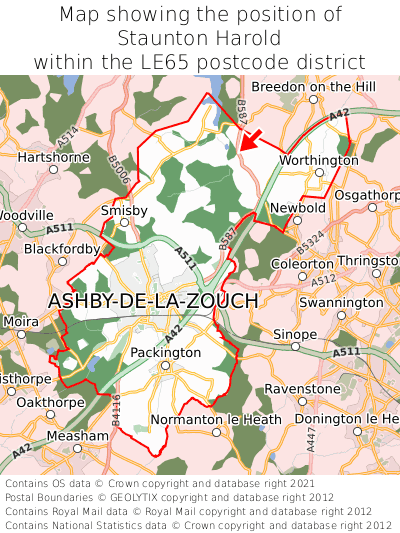 Map showing location of Staunton Harold within LE65