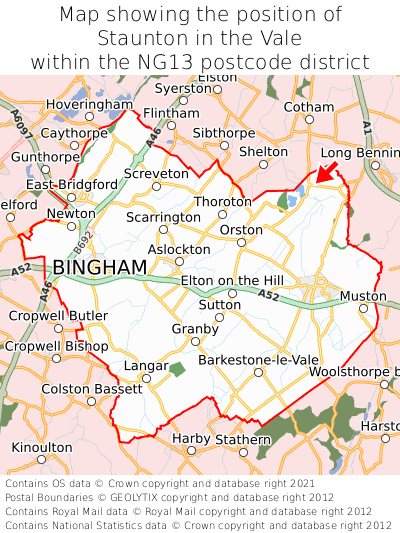 Map showing location of Staunton in the Vale within NG13