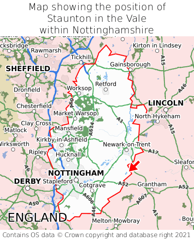 Map showing location of Staunton in the Vale within Nottinghamshire