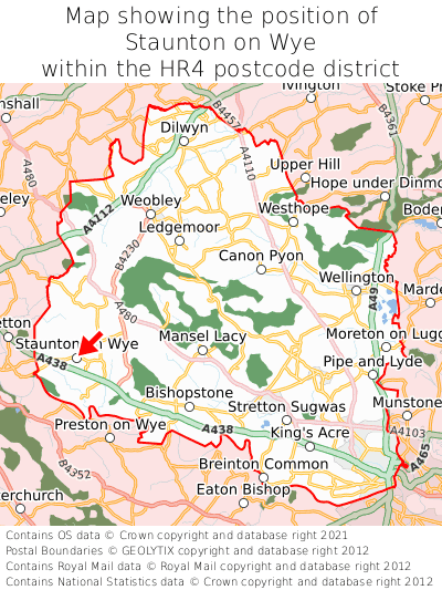 Map showing location of Staunton on Wye within HR4