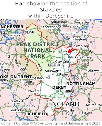 Map showing location of Staveley within Derbyshire