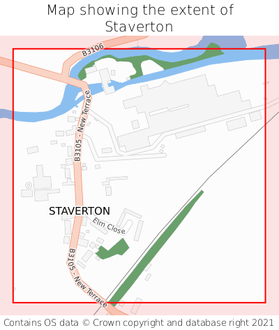 Map showing extent of Staverton as bounding box