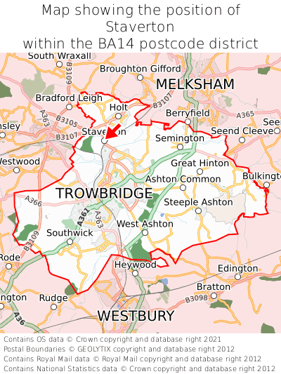 Map showing location of Staverton within BA14