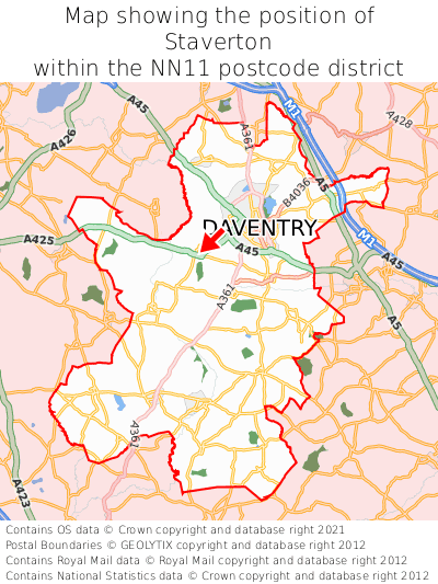 Map showing location of Staverton within NN11