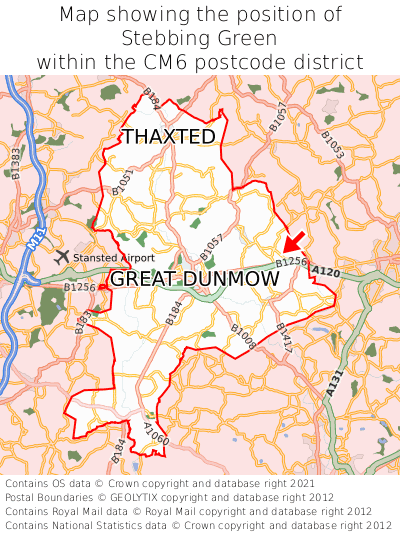 Map showing location of Stebbing Green within CM6