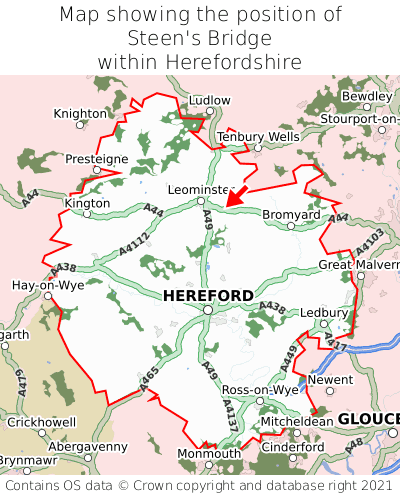 Map showing location of Steen's Bridge within Herefordshire