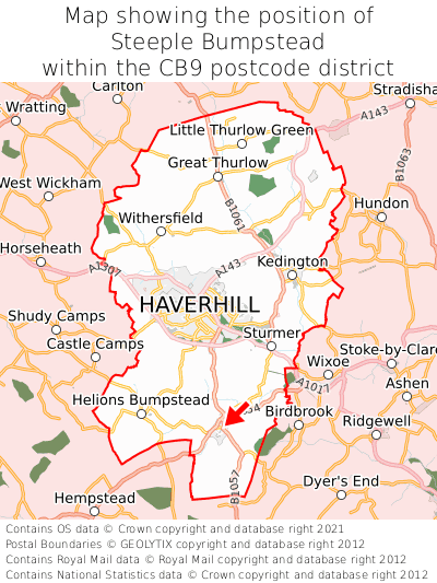 Map showing location of Steeple Bumpstead within CB9