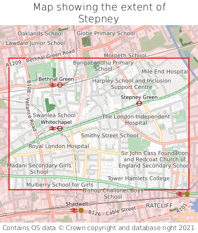 Map showing extent of Stepney as bounding box