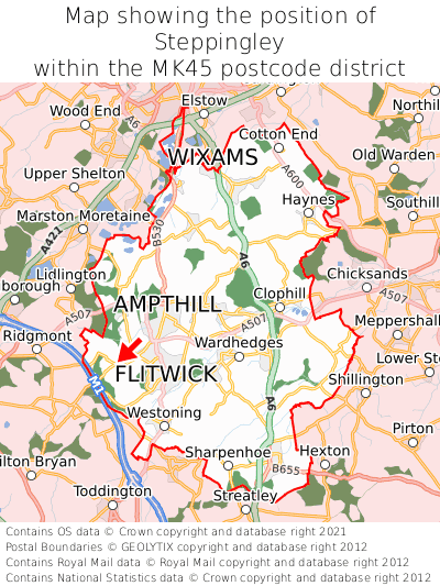 Map showing location of Steppingley within MK45