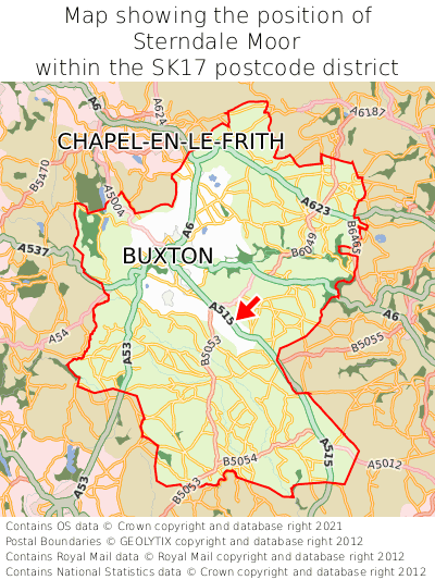 Map showing location of Sterndale Moor within SK17