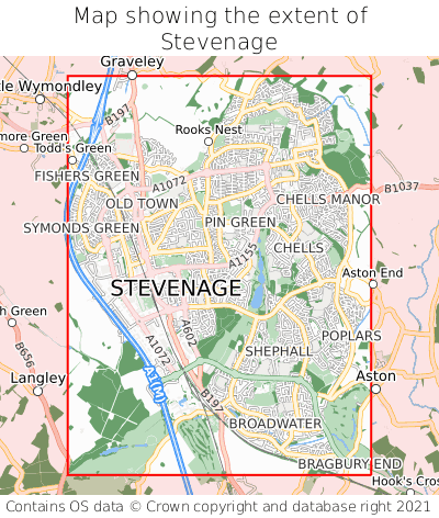 Map showing extent of Stevenage as bounding box