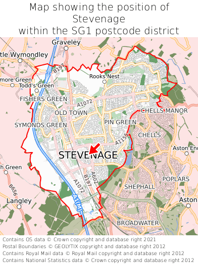 Map showing location of Stevenage within SG1