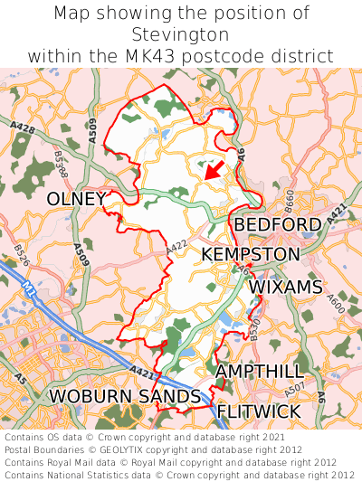 Map showing location of Stevington within MK43