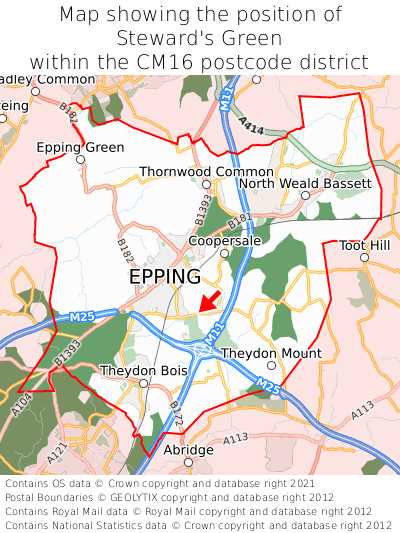 Map showing location of Steward's Green within CM16