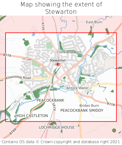 Map showing extent of Stewarton as bounding box