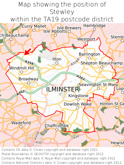 Map showing location of Stewley within TA19