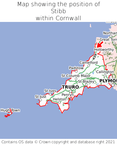 Map showing location of Stibb within Cornwall