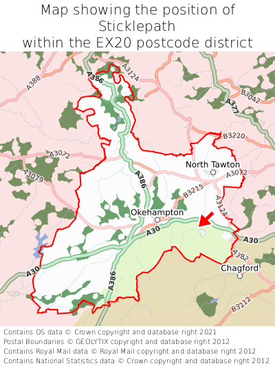 Map showing location of Sticklepath within EX20