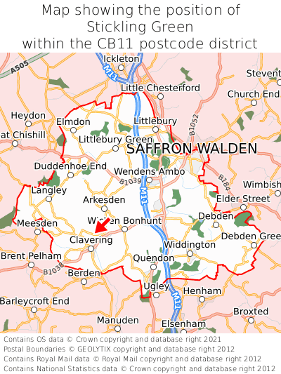 Map showing location of Stickling Green within CB11