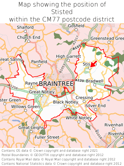 Map showing location of Stisted within CM77