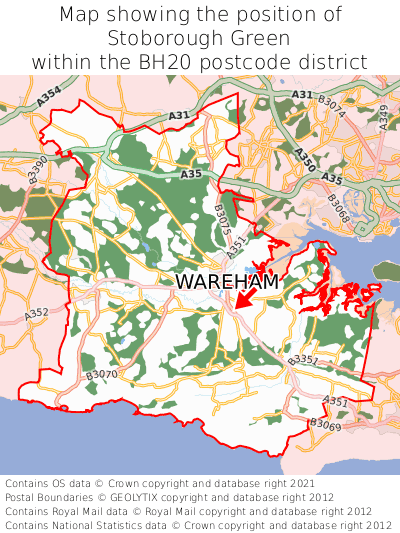 Map showing location of Stoborough Green within BH20