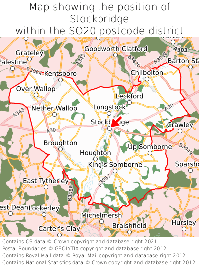 Map showing location of Stockbridge within SO20
