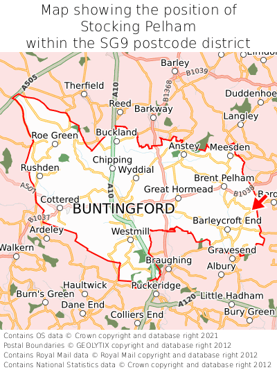 Map showing location of Stocking Pelham within SG9