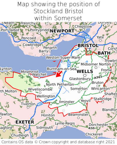Map showing location of Stockland Bristol within Somerset