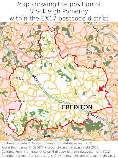 Map showing location of Stockleigh Pomeroy within EX17