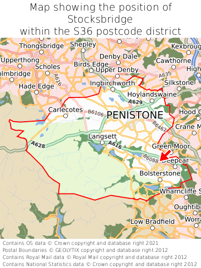 Map showing location of Stocksbridge within S36